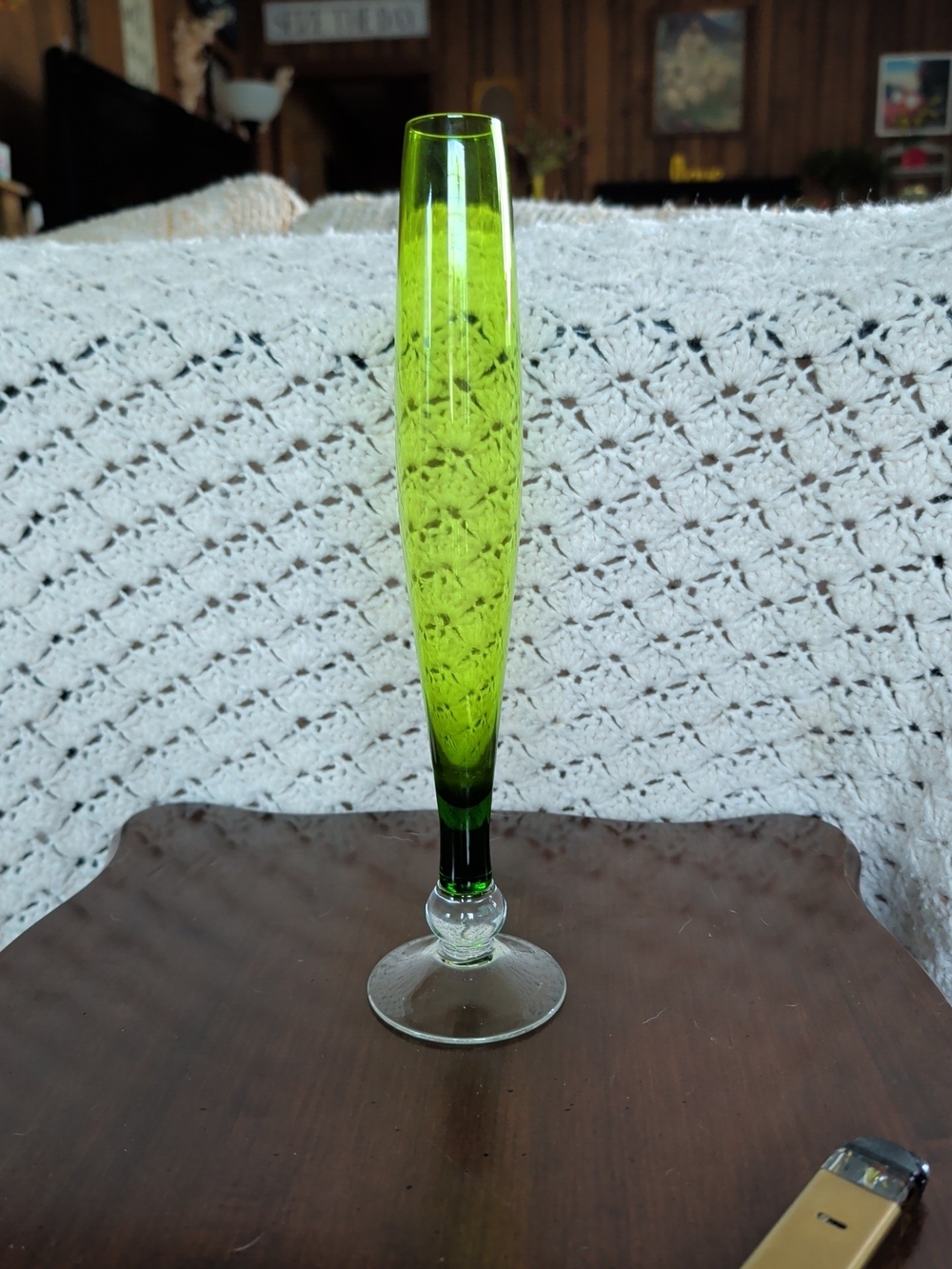 Vintage 12" Green Glass Pedestal Bud Vase Clear Base Circa 1940s